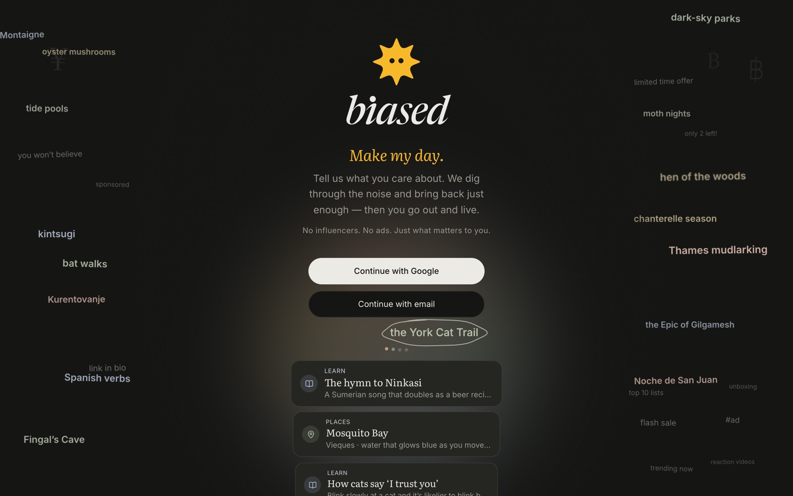 Biased landing page: a yellow sun mark, the word biased and the line Make my day