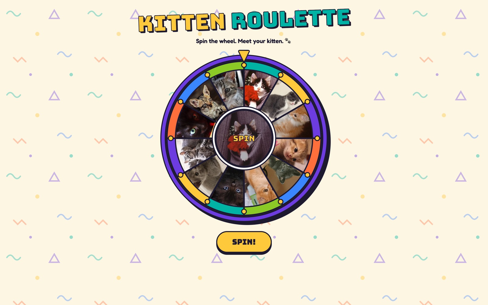 Kitten Roulette: a colourful wheel of kitten photos with a Spin button